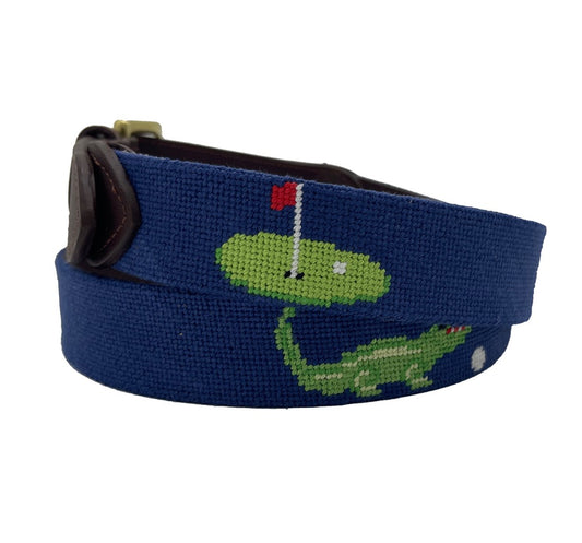 Charleston Belt Golf Green Gator Croc Leather Hand-stitched Needlepoint Belt Navy Blue