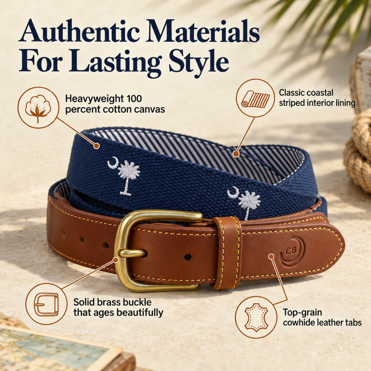 A rolled canvas belt with a brown leather-look buckle and brass hardware, shown on a light beige surface with decorative text callouts describing material and construction details. sc flag belt.