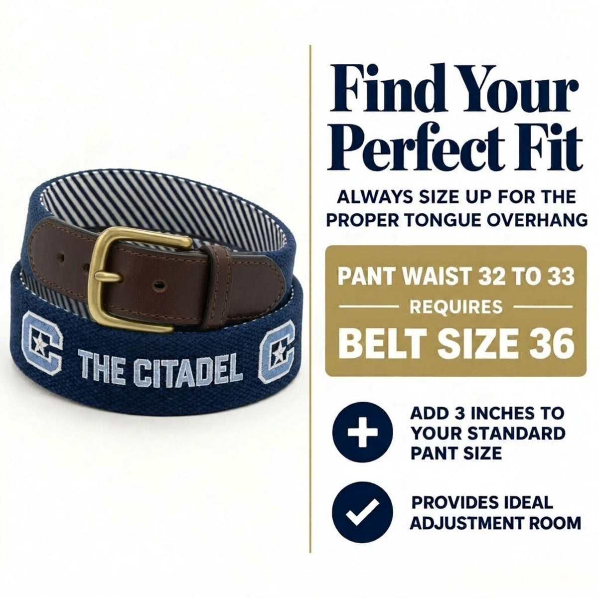 A navy blue canvas belt with a brown leather buckle and a striped interior, shown on a white background with promotional text about belt size adjustment. The belt features 'THE CITADEL' branding.