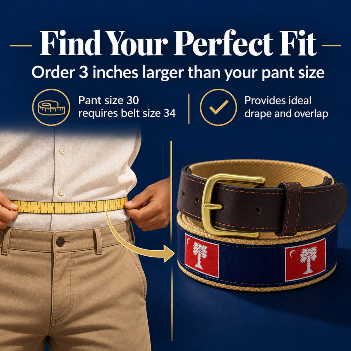 Promotional graphic for a belt sizing guide, showing a man measuring his waist with a tape measure and a stack of three belts on a dark blue background. The text reads 'Find Your Perfect Fit' and 'Order 3 inches larger than your pant size.