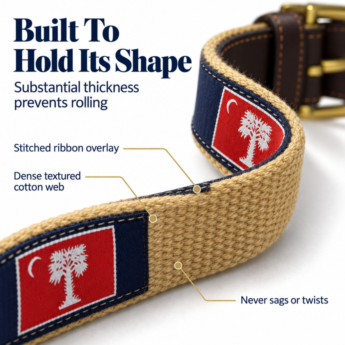A close-up product graphic of a woven tan belt with navy and red fabric overlays featuring a white palm tree emblem of the Big Red flag. Large text reads 'Built To Hold Its Shape' with callout lines pointing to the stitched ribbon overlay, dense textured cotton web, and shape retention.