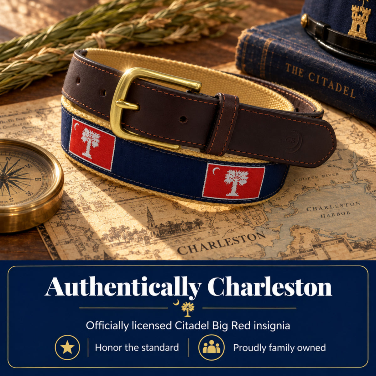 A leather belt with a dark brown leather strap, gold buckle, and a navy blue fabric inlay featuring two red squares with white tree emblems. The belt is styled on an antique map with a brass compass, wheat stalks, and a blue book, with a promotional banner at the bottom reading 'Authentically Charleston'.