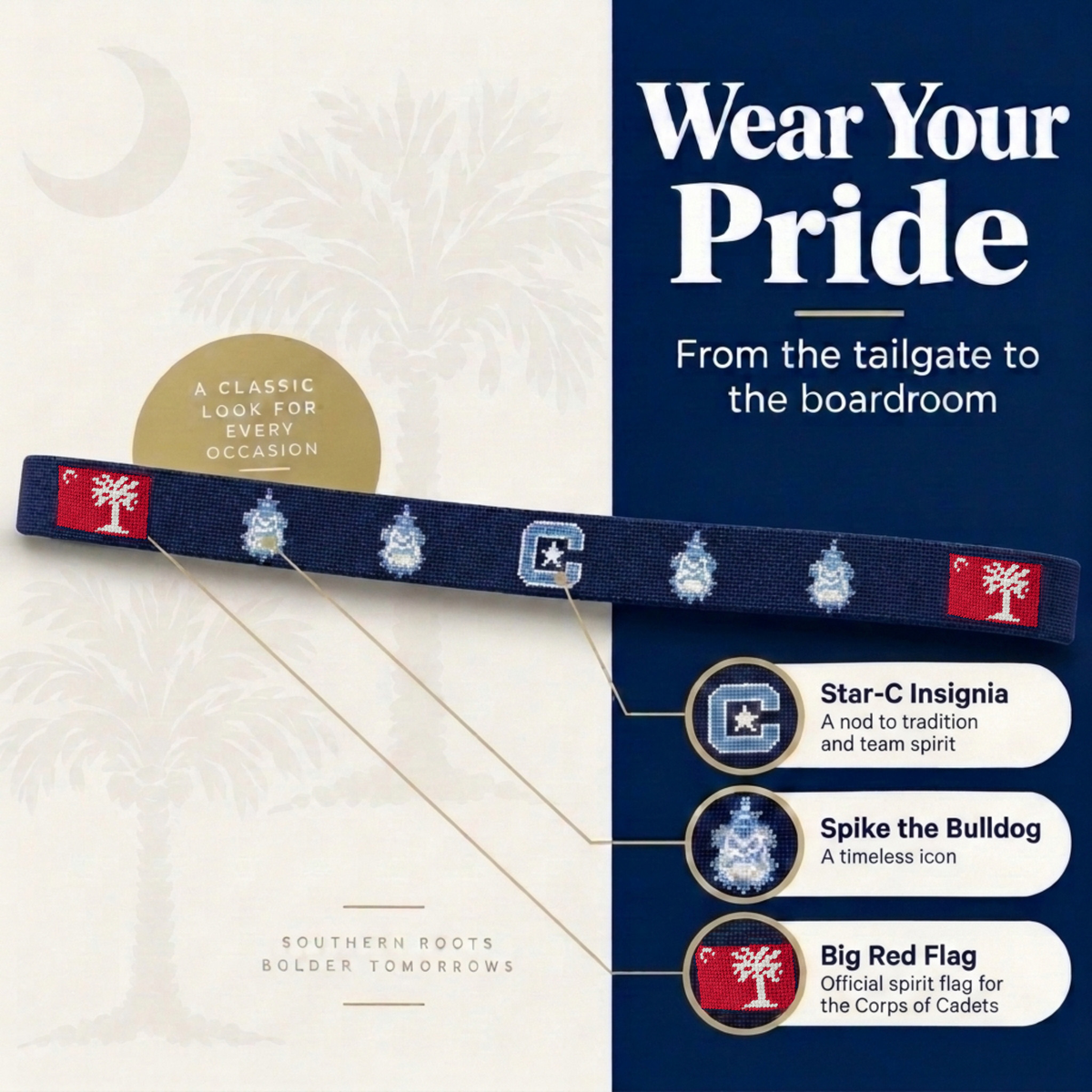 A navy blue needlepoint belt with embroidered white and red graphics featuring insignia of The Citadel Bulldogs, shown on a split cream and navy graphic background with text reading 'Wear Your Pride' and product callouts.  Callouts include the Star-C insignia, Spike the Bulldog, and the Big Red flag.
