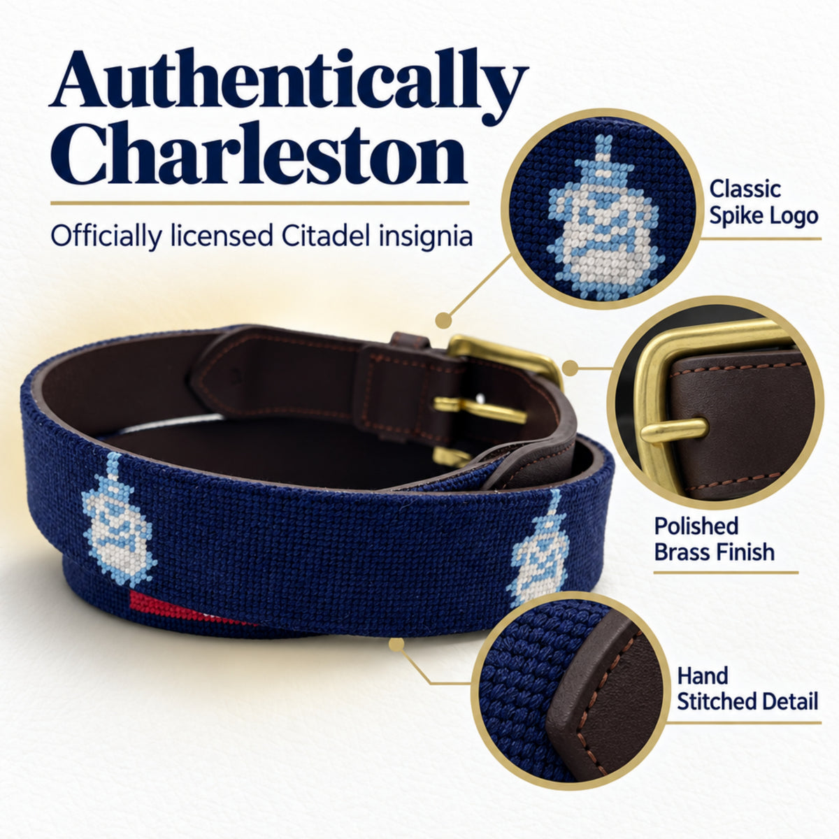 A navy blue needlepoint belt with a white and red Citadel insignia, shown coiled with close-up callout circles highlighting the classic spike logo, polished brass buckle, and hand-stitched detail. Text at the top reads 'Authentically Charleston' and 'Officially licensed Citadel insignia.