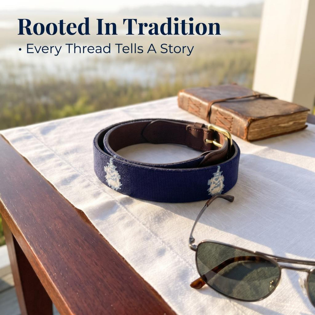 A navy blue needlepoint belt with white embroidered motifs and a gold-tone buckle, styled on a white tablecloth beside sunglasses, an old book, and a scenic outdoor background. Text at the top reads 'Rooted In Tradition - Every Thread Tells A Story'.  the motif is Spike the Bulldog.