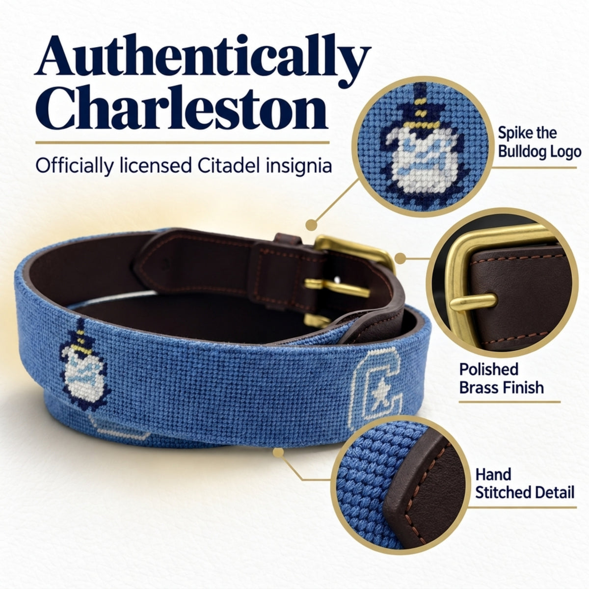 A blue needlepoint Citadel insignia belt with a dark brown leather interior and gold-tone brass buckle, shown on a white background with three callout circles highlighting stitched detail, polished brass finish, and Citadel bulldog logo.