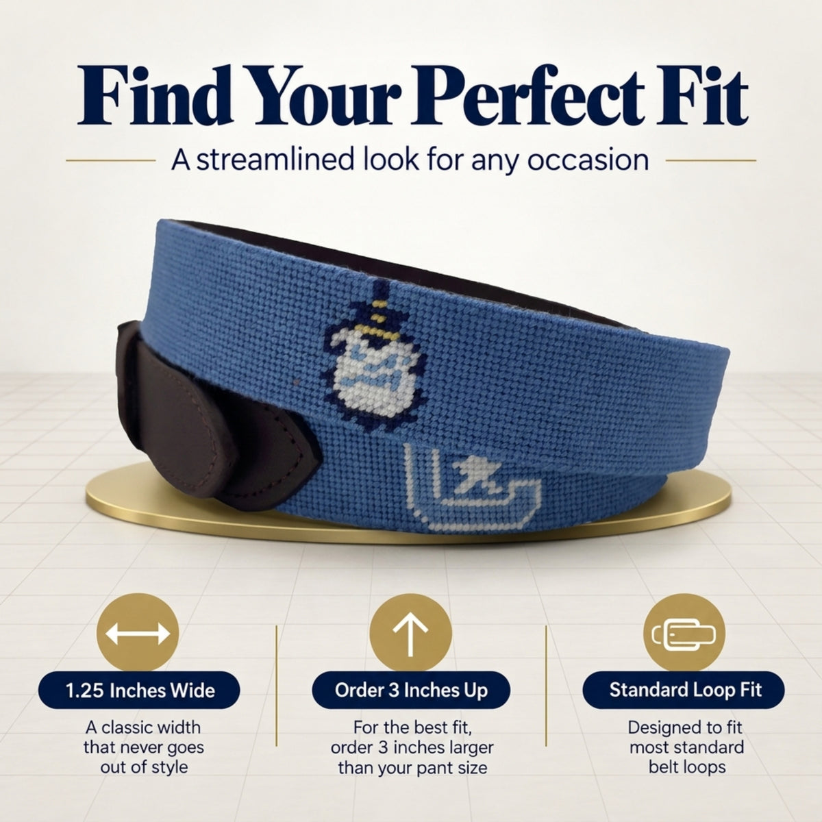 A blue needlepoint belt with a white and blue The Citadel Bulldogs insignia, displayed on a gold-colored circular stand. The image includes text overlays explaining sizing and fit, and three feature callouts at the bottom.