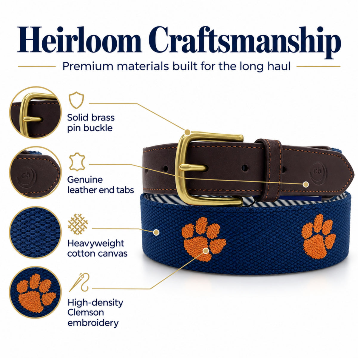 Clemson University Tigers - Officially Licensed - Orange Paw Embroidery on Navy Blue Canvas Web Belt
