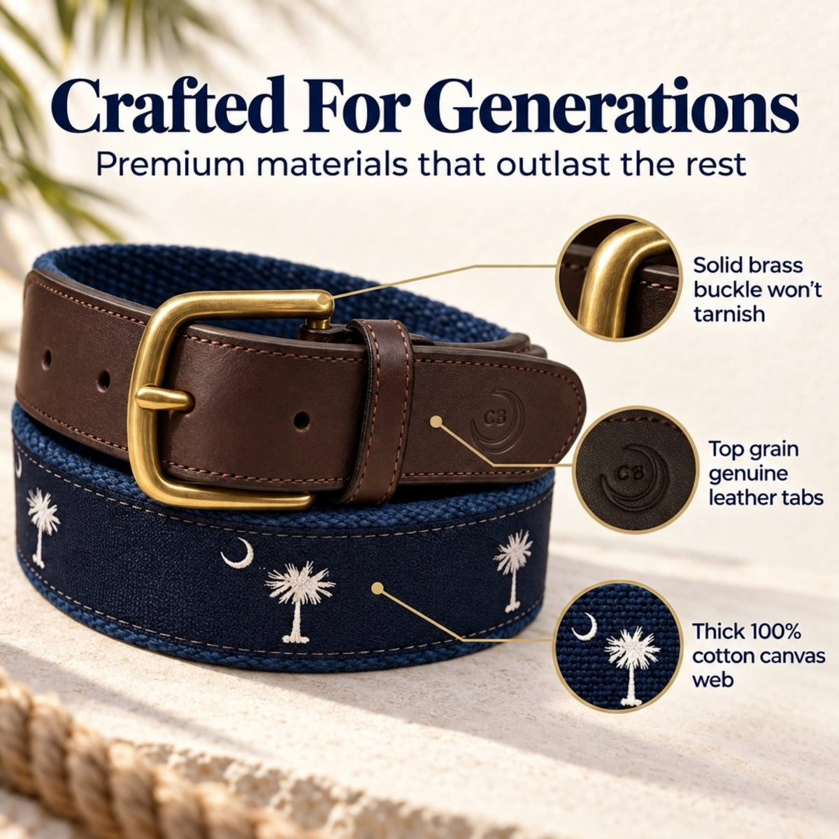 A navy blue canvas belt with brown leather trim and a gold-tone buckle, shown on a light stone surface with promotional text and three circular detail callouts highlighting the buckle, leather tabs, and canvas web. sc flag belt.