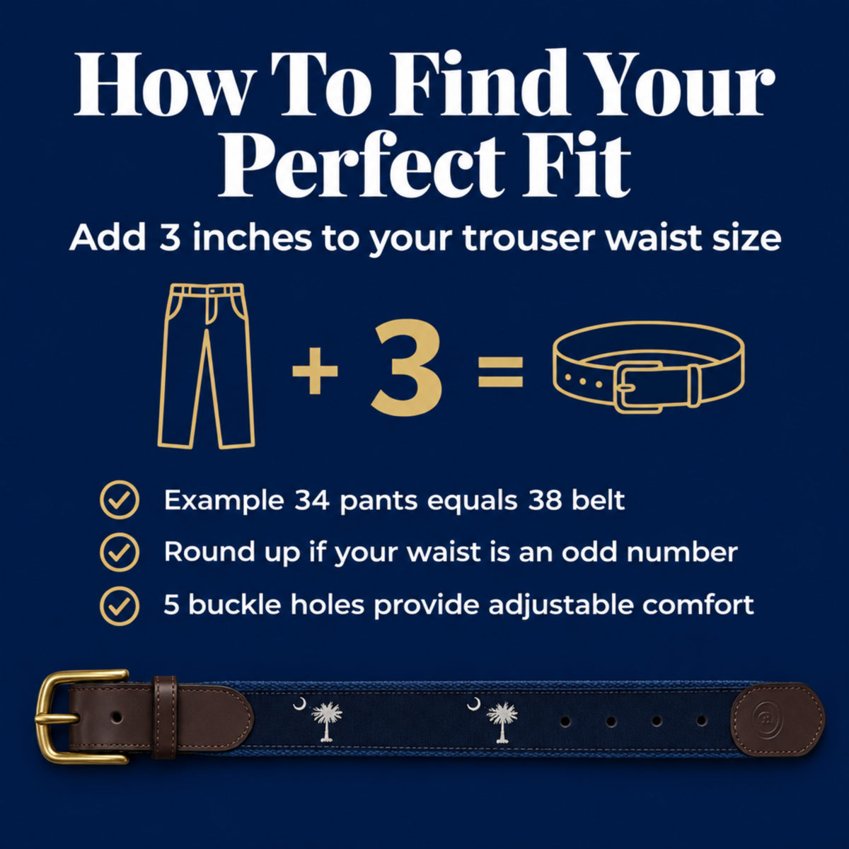 An instructional graphic titled 'How To Find Your Perfect Fit' on a dark blue background, explaining how to add 3 inches to a trouser waist size to determine a belt size. It includes simple line drawings of pants and a belt, a brown leather belt with silver-tone hardware and white script logos, and three checkmarks with examples and tips.