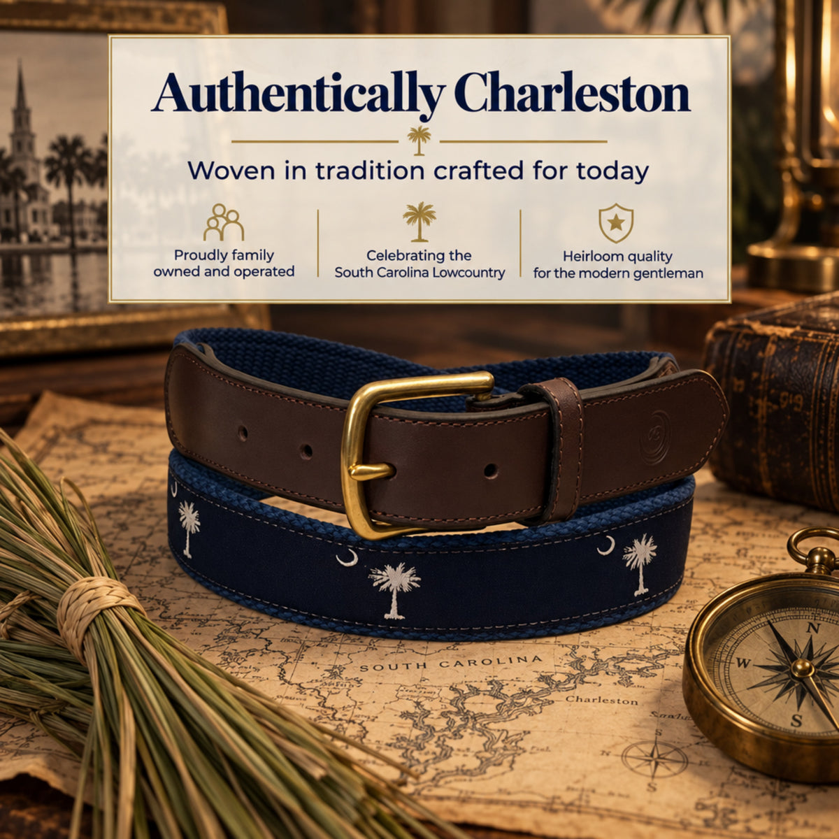 A coiled dark brown leather belt with a gold buckle and a navy blue elastic strap printed with white palm trees and crescent moons, displayed on a vintage map with a compass and straw bundle. A text banner at the top reads 'Authentically Charleston'. sc flag belt.