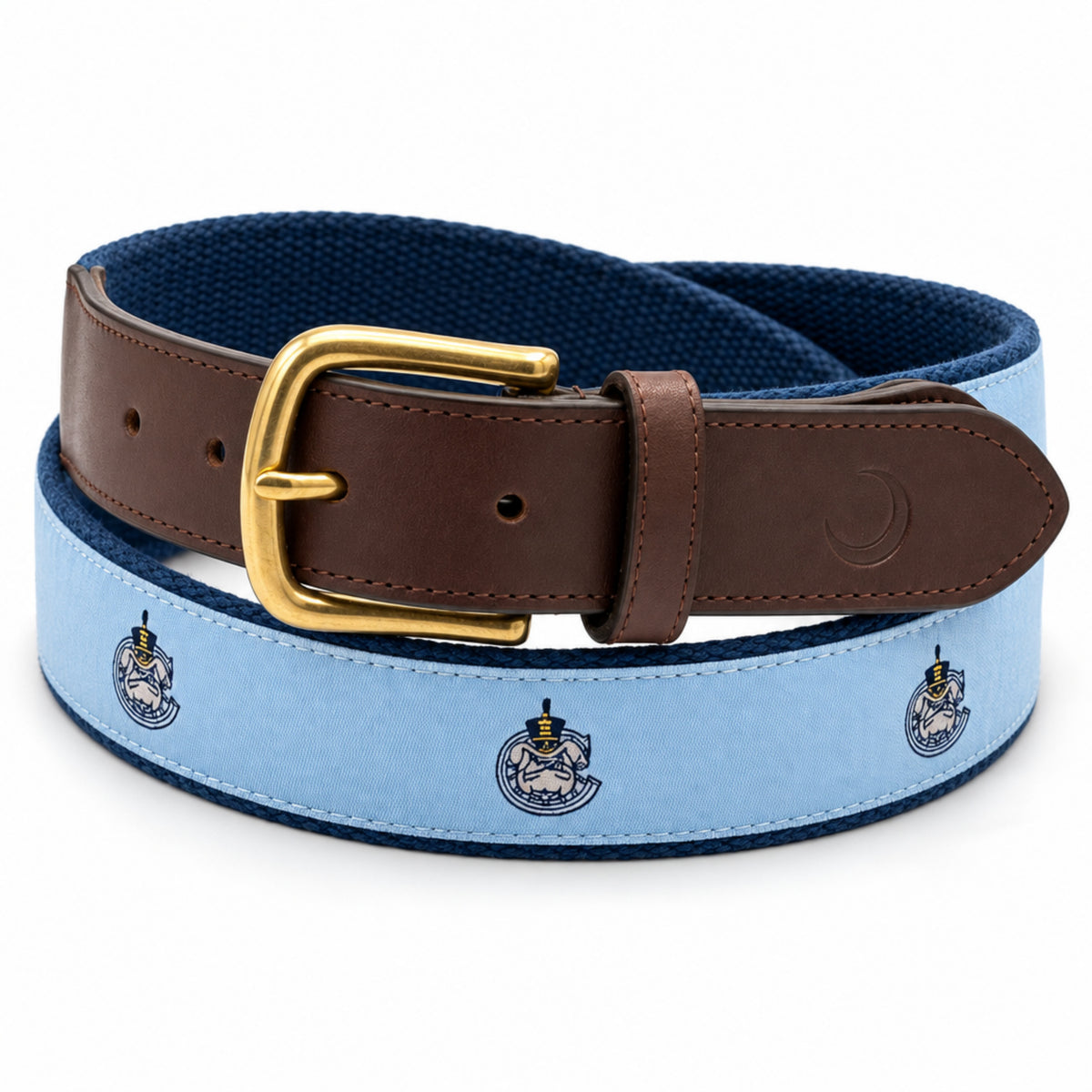 A rolled-up belt with a brown leather strap, gold buckle, and a light blue fabric outer layer featuring repeated The Citadel Bulldogs mascot Spike logos, shown on a white background.