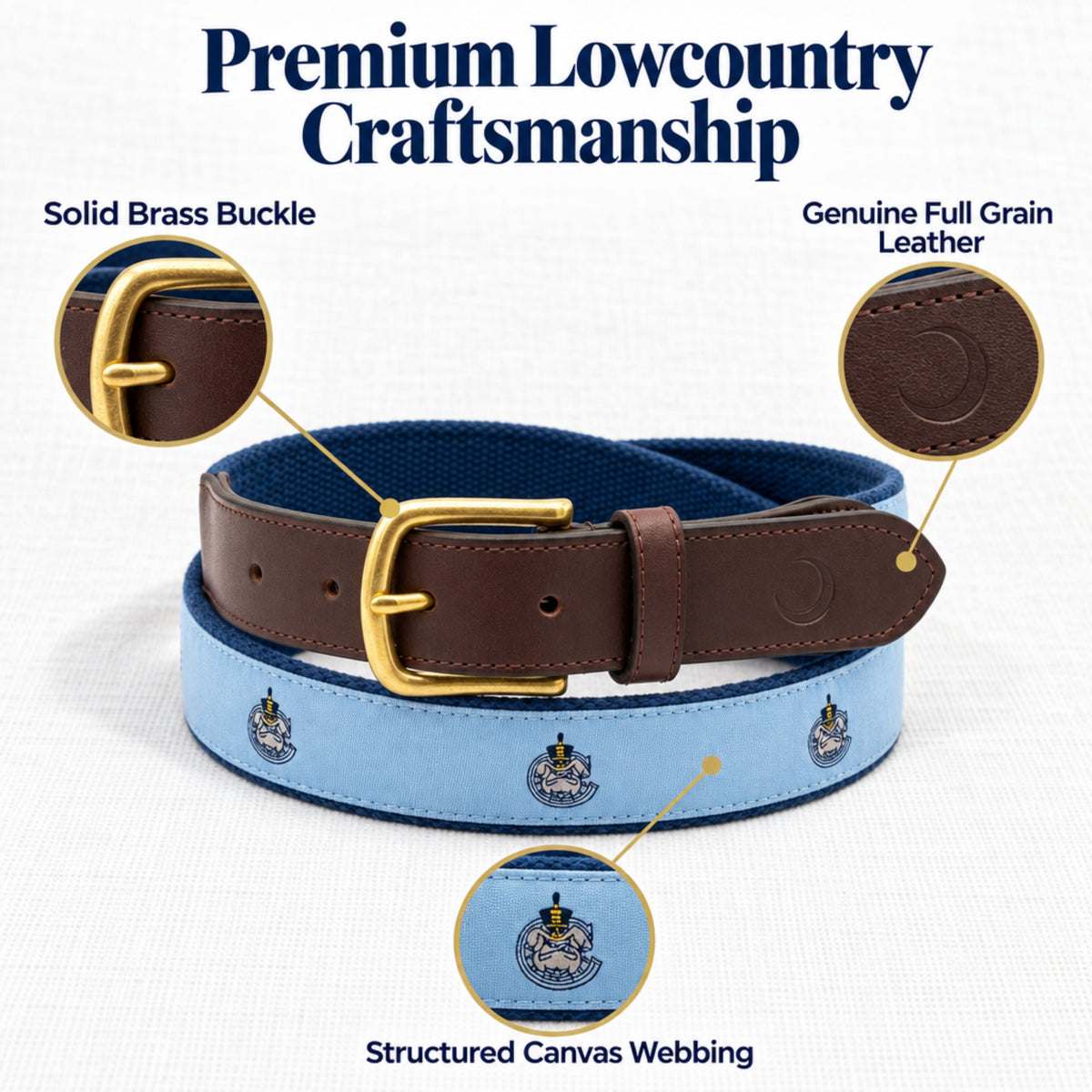 A light blue canvas and brown leather belt with a gold-tone buckle, shown on a white background with callout graphics highlighting the solid brass buckle, full grain leather, canvas webbing, and embroidered crest.  The motifs feature The Citadel Bulldogs mascot Spike.