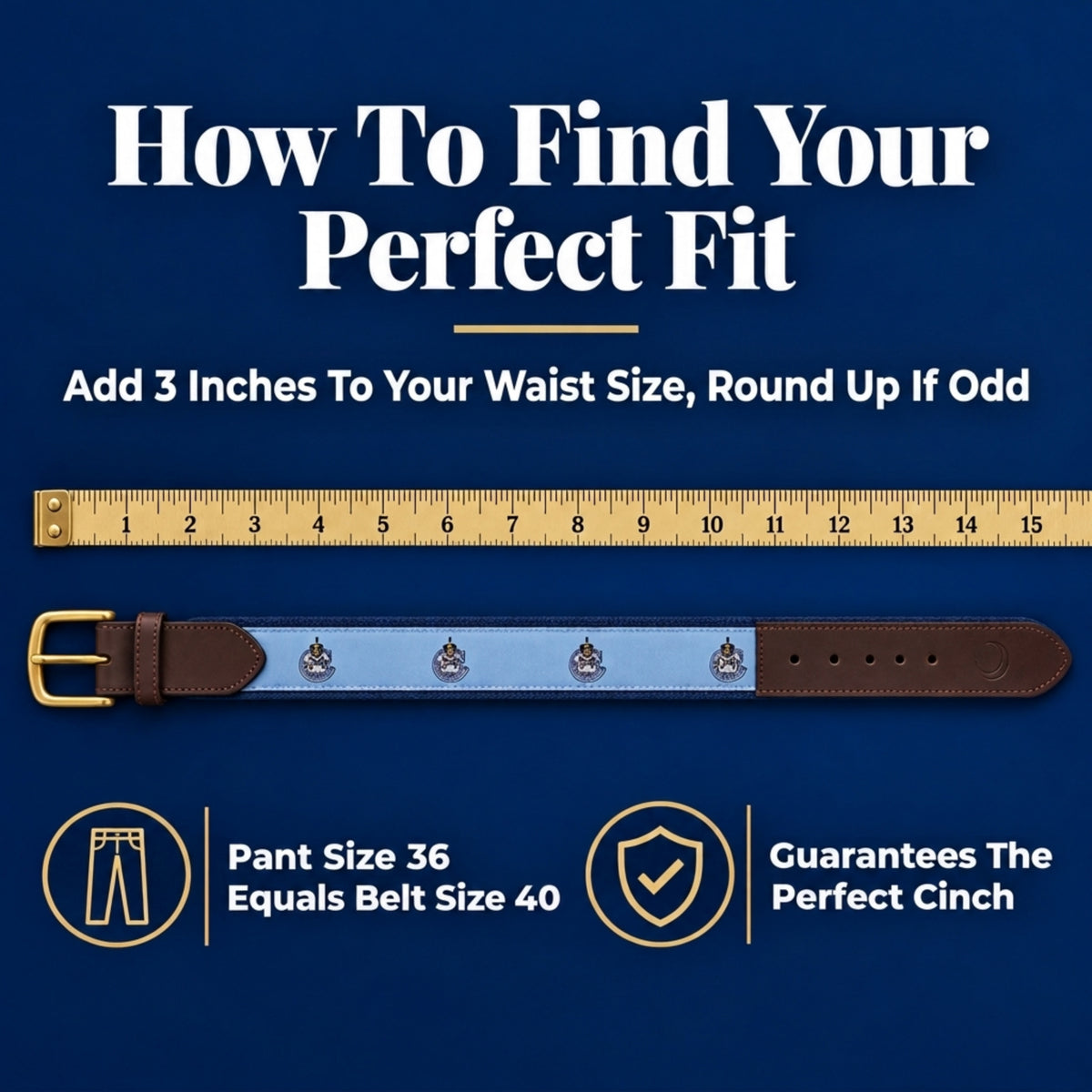 Instructional graphic titled 'How To Find Your Perfect Fit' showing a brown leather belt with a light blue inlay and gold-tone hardware on a dark blue background, alongside a measuring tape and fit guidelines.