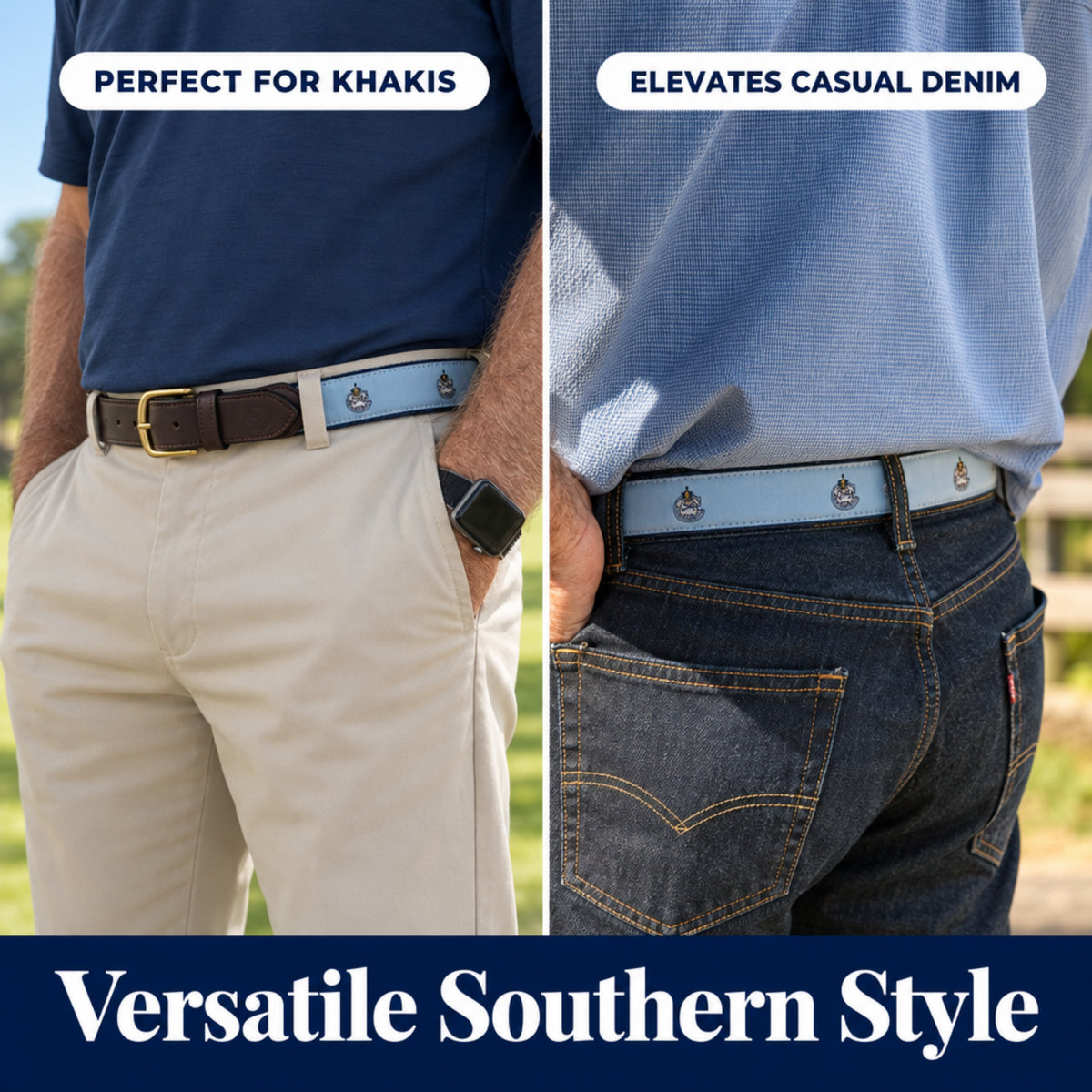 A split comparison showing a light blue woven belt styled with khaki pants and dark denim jeans, with text overlays reading 'PERFECT FOR KHAKIS' and 'ELEVATES CASUAL DENIM', and 'Versatile Southern Style' at the bottom.  Insignia of The Citadel Bulldogs.
