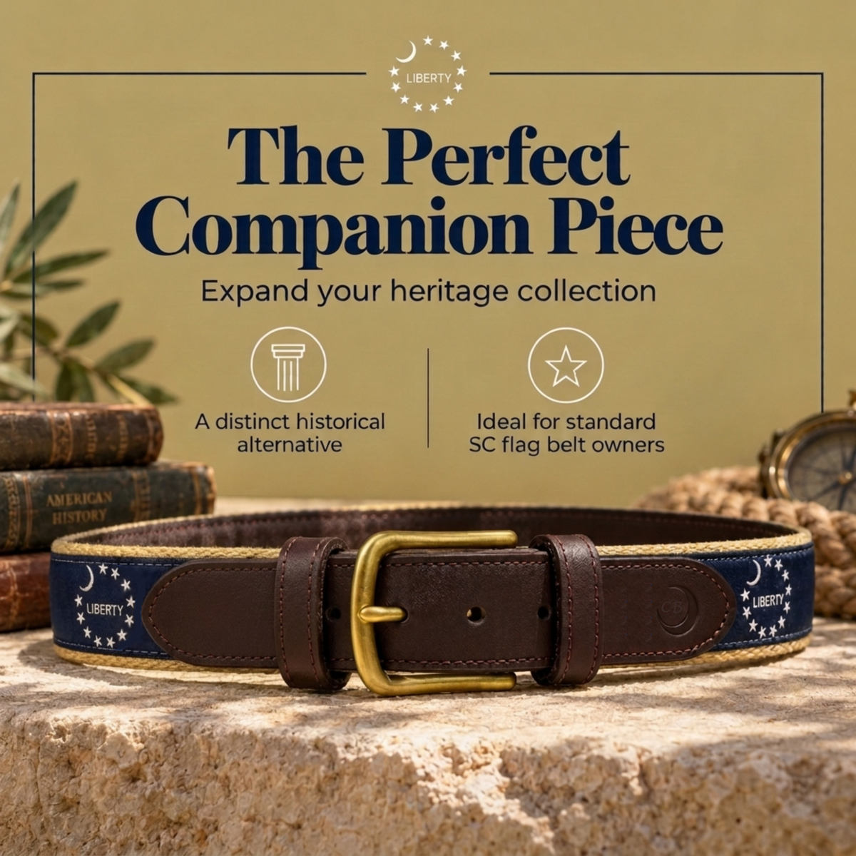 A dark brown leather belt with a gold buckle and a navy blue canvas inlay printed with white stars and the word 'LIBERTY', displayed on a stone surface with vintage books and a pocket watch in the background. Promotional text at the top reads 'The Perfect Companion Piece'.