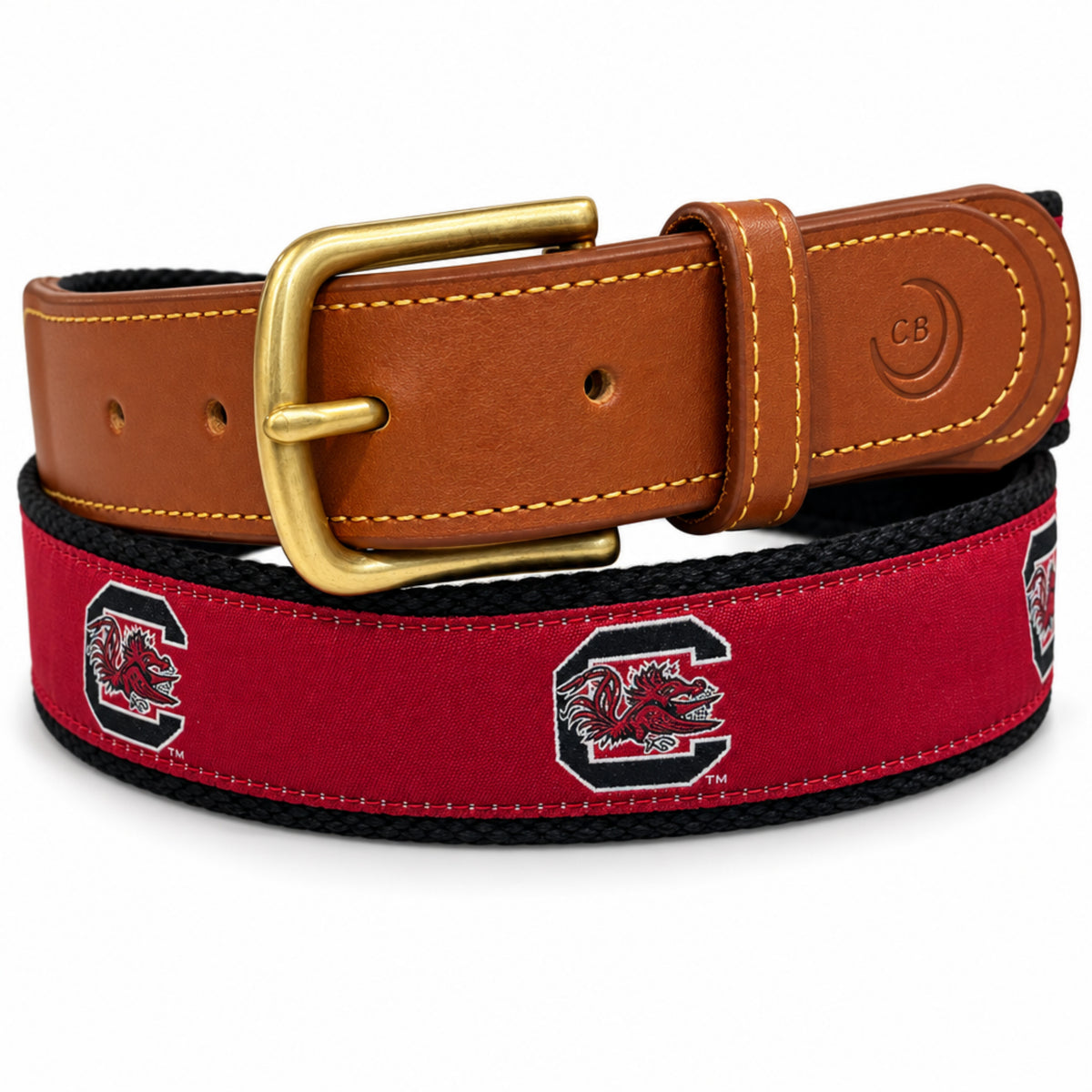 A South Carolina Gamecocks woven belt with a brown leather strap, gold buckle, and red canvas body featuring the team logo.