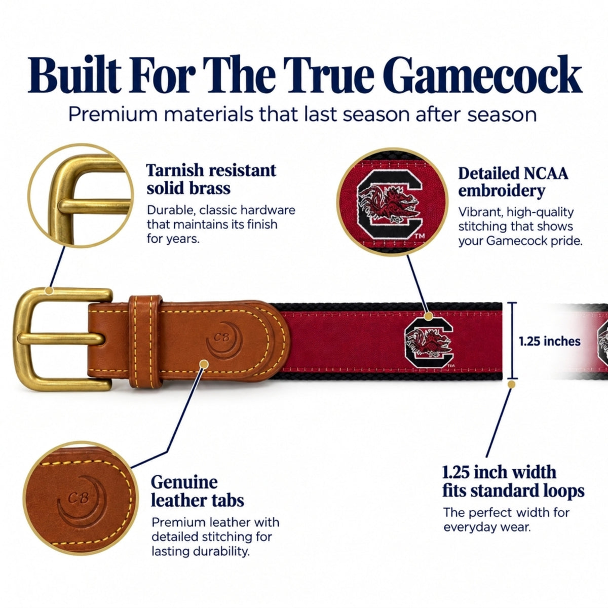 A product infographic for a South Carolina Gamecocks leather and canvas belt, showing the belt itself along with callout diagrams highlighting its tarnish-resistant brass buckle, detailed NCAA embroidery, genuine leather tabs, and 1.25-inch width.