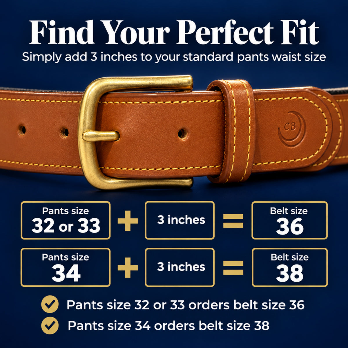 A promotional fit chart for a brown leather belt with a brass buckle. The top half shows a close-up of the belt, and the bottom half includes text and sizing examples explaining how to add 3 inches to standard pants waist size to determine belt size.