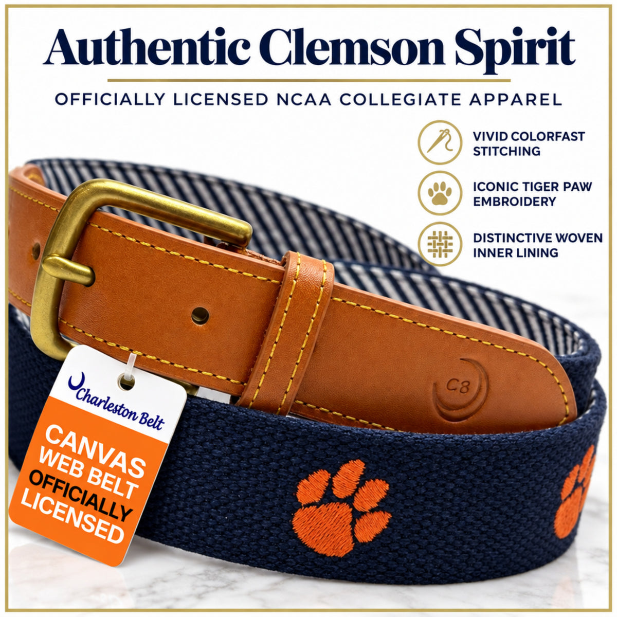 Clemson University Tigers - Officially Licensed - Orange Paw Embroidery on Navy Blue Canvas Web Belt