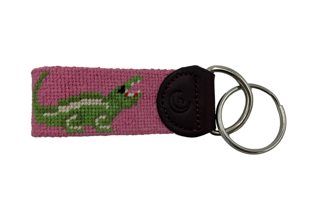 Key Fob - Pink Alligator Hand-stitched Needlepoint