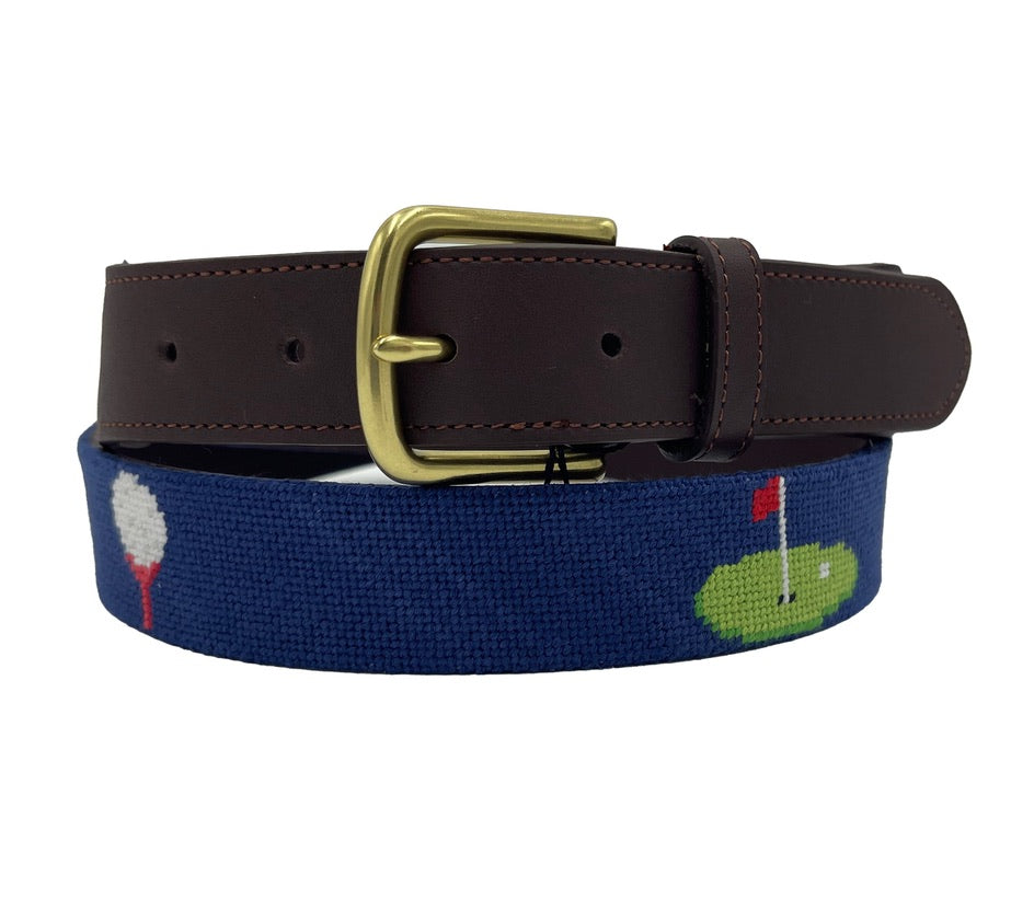 Charleston Belt Golf Green Gator Croc Leather Hand-stitched Needlepoint Belt Navy Blue