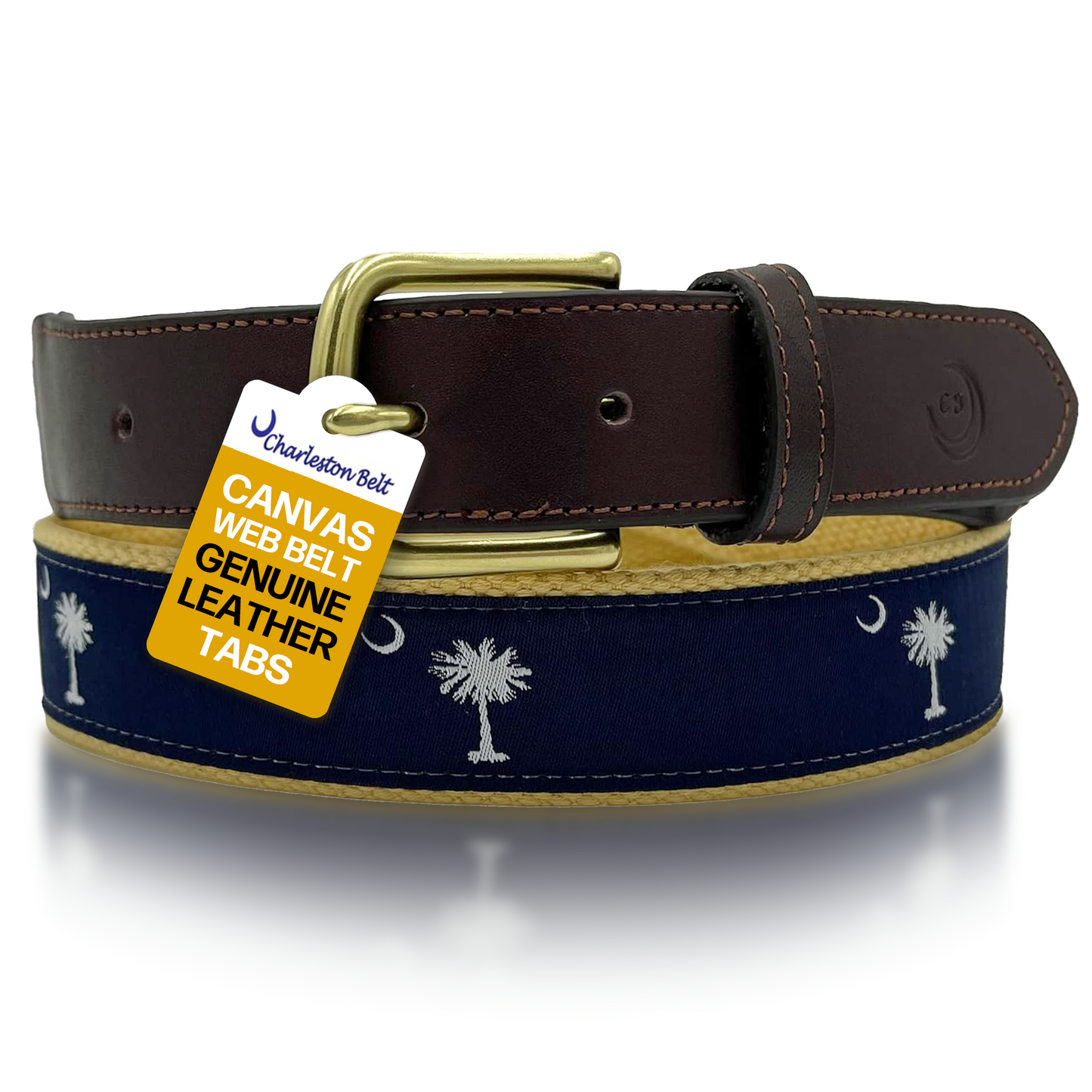 Navy on Khaki - South Carolina Crescent Moon Palmetto State Flag Belt