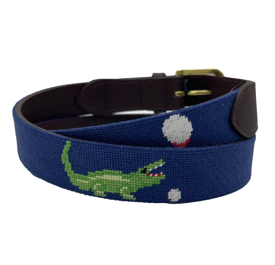 Charleston Belt Golf Green Gator Croc Leather Hand-stitched Needlepoint Belt Navy Blue