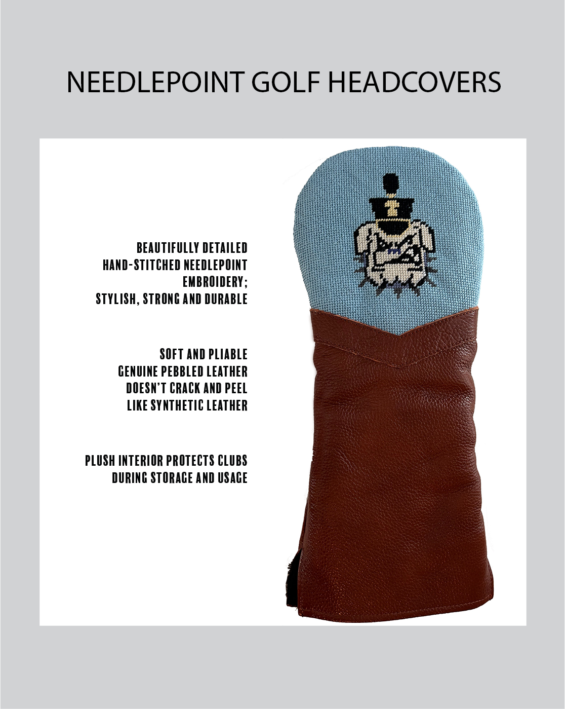 Citadel Needlepoint golf headcover with embroidered design on a gray background