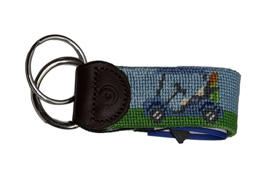 Blue Golf Cart Key Ring - Hand Stitched Needlepoint Key Fob