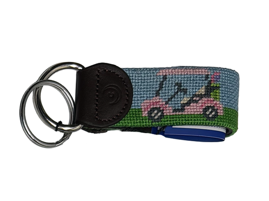 Pink Golf Cart Key Ring - Hand Stitched Needlepoint Key Fob