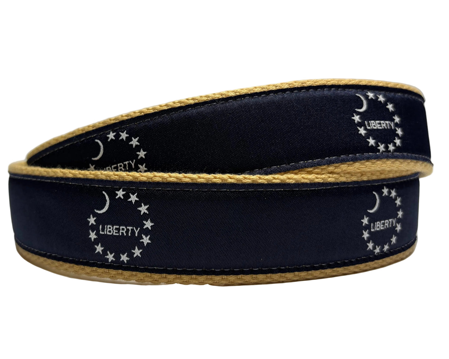 Liberty 1776 250 USA SC anniversary belt back view of design in navy blue and silver white with khaki web backing
