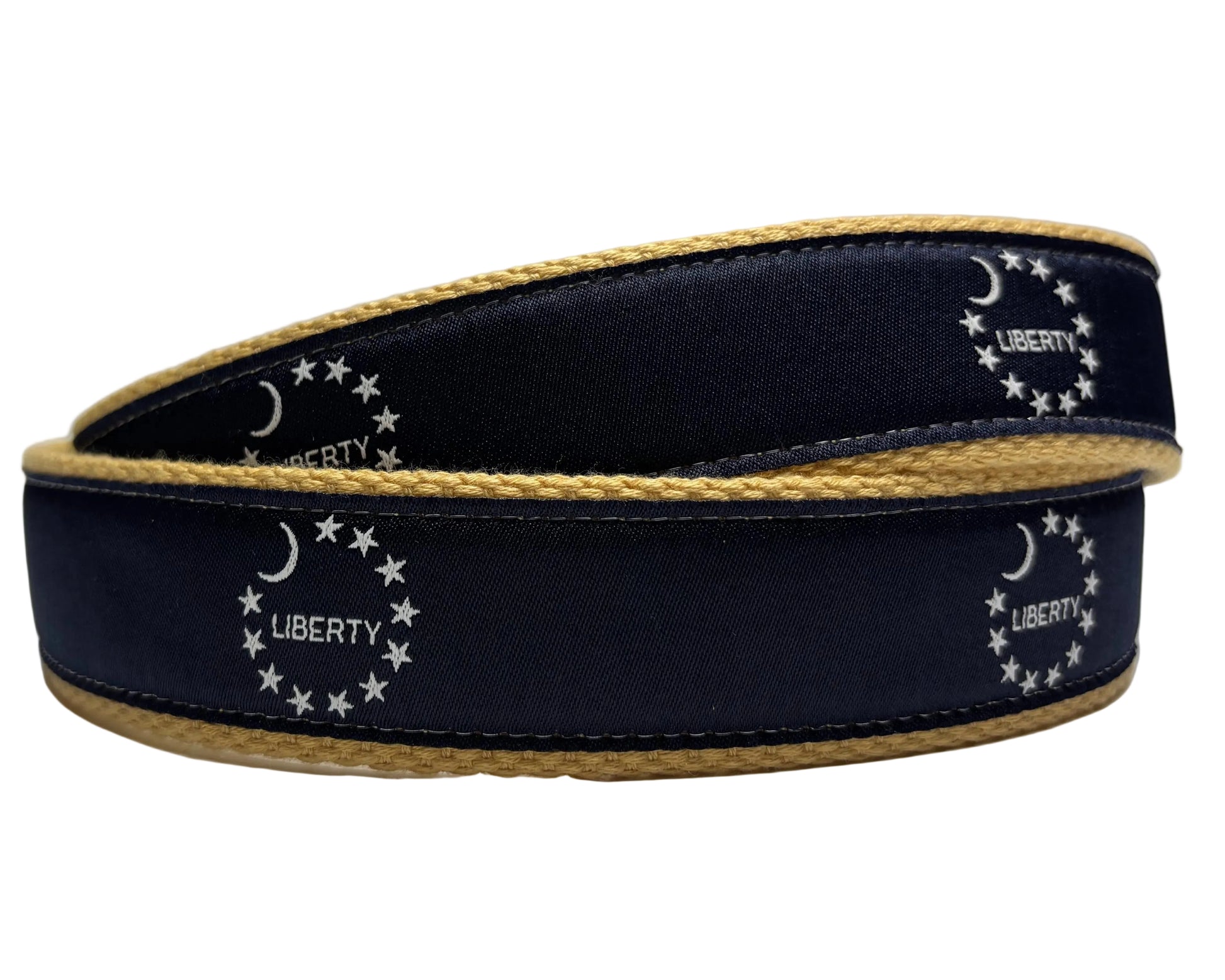 Liberty 1776 250 USA SC anniversary belt back view of design in navy blue and silver white with khaki web backing