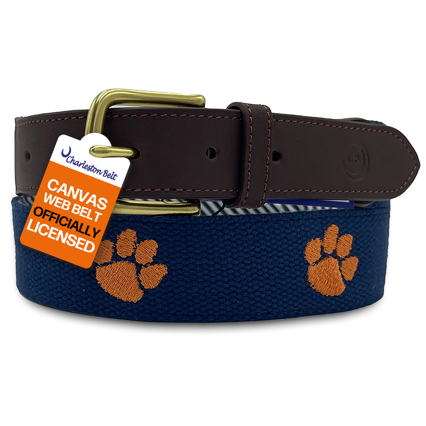 Clemson University Tigers - Officially Licensed - Orange Paw Embroidery on Navy Blue Canvas Web Belt