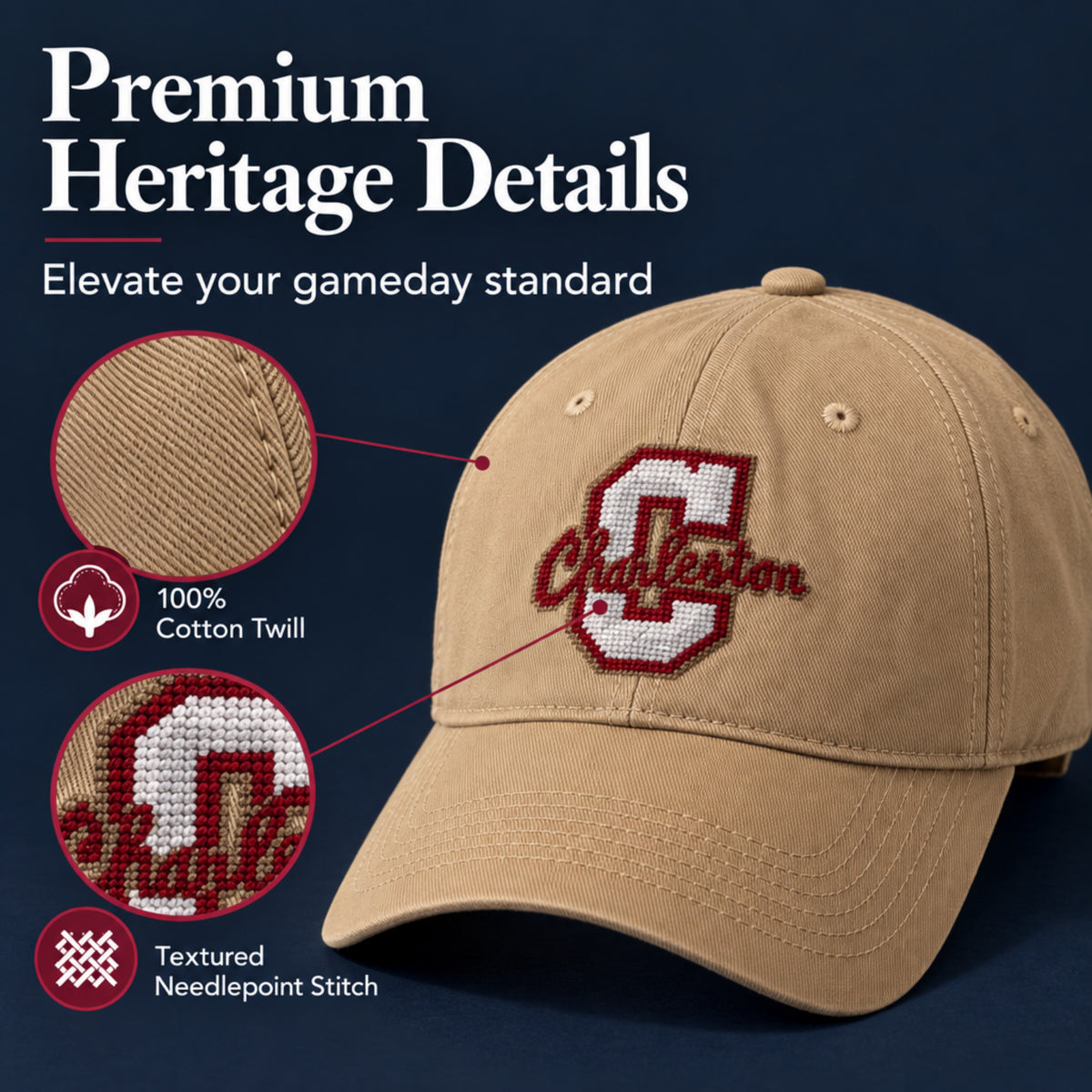 College of Charleston Twill Embroidered Brim Hat Cap Khaki