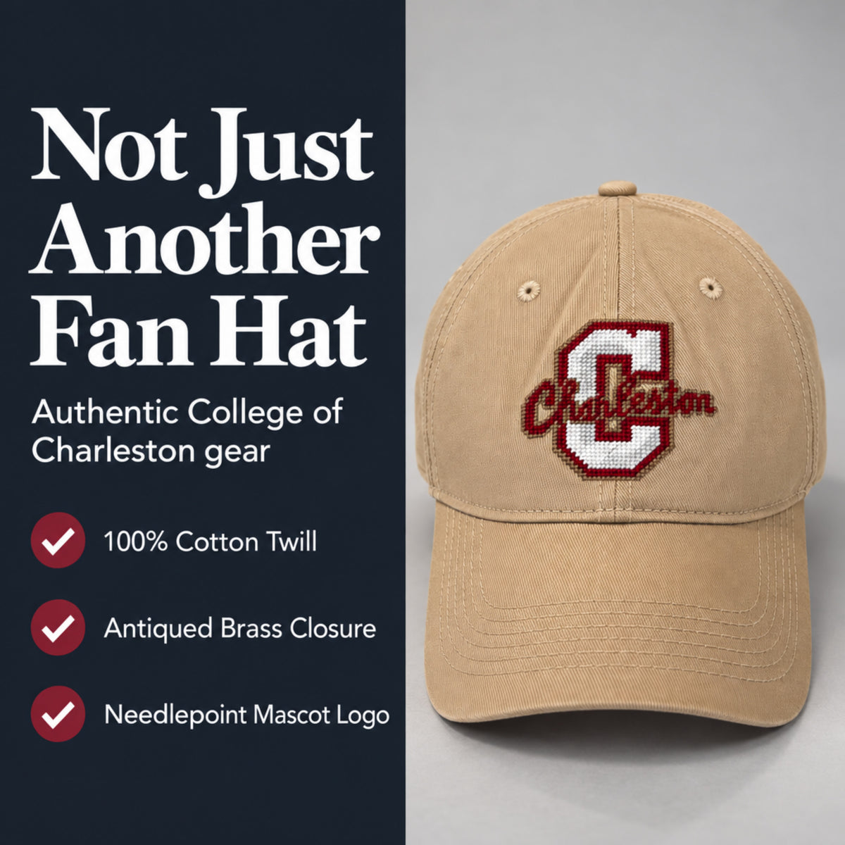 College of Charleston Twill Embroidered Brim Hat Cap Khaki
