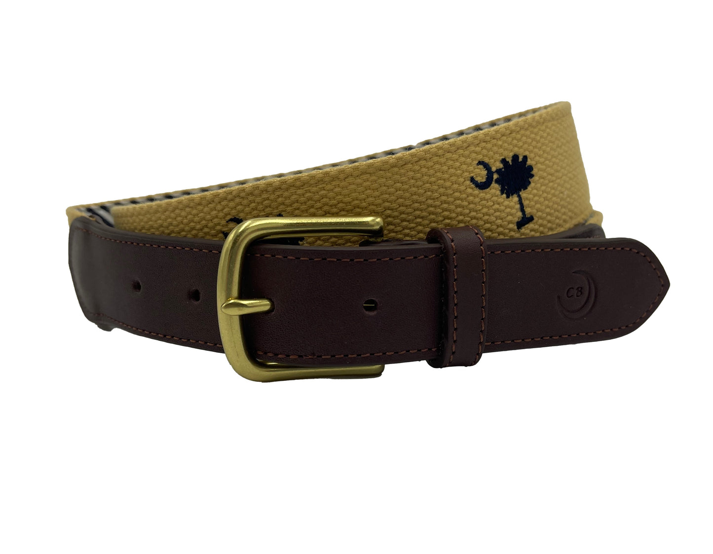 A khaki belt with a brass buckle and leather detailing, featuring a unique embroidered design.