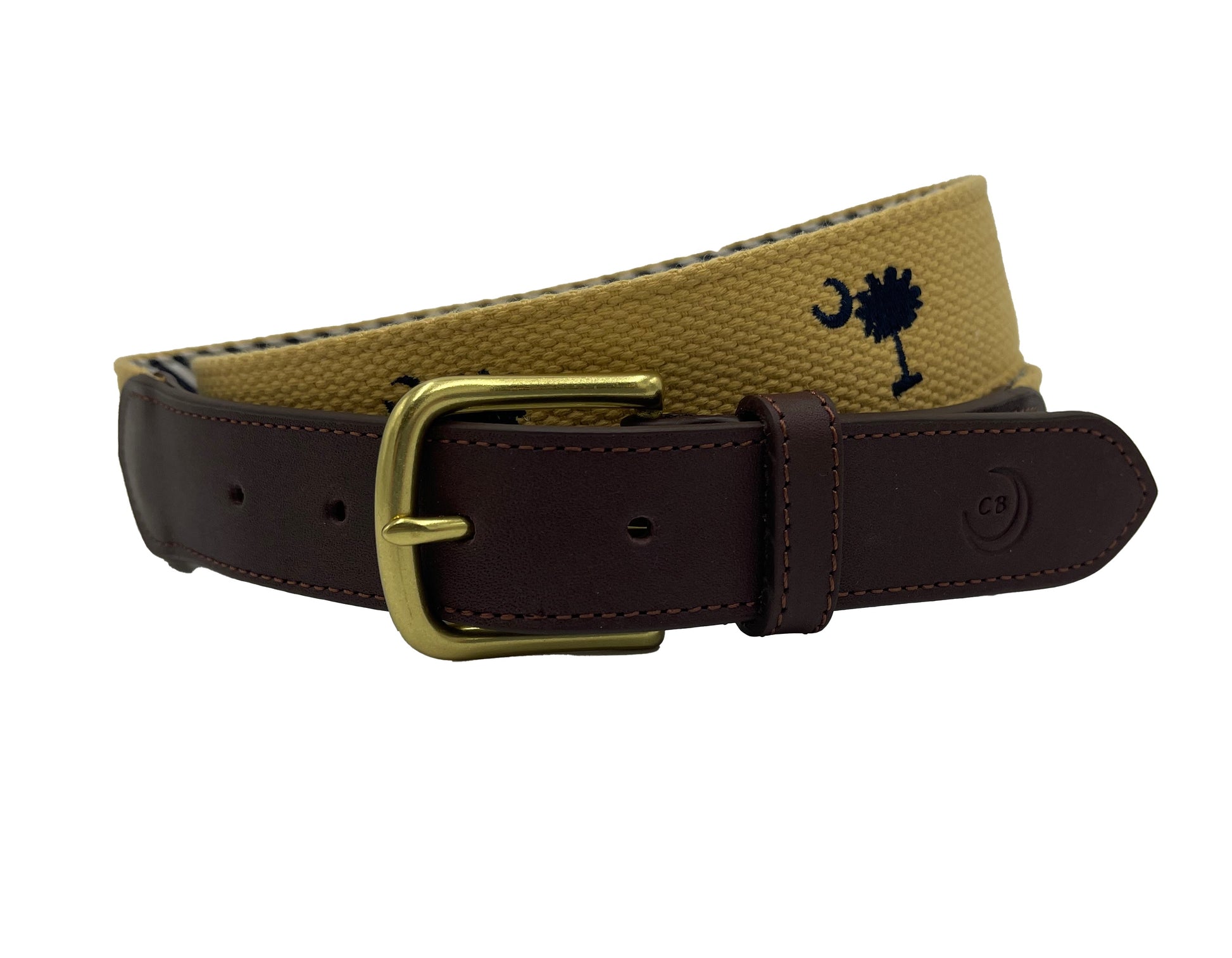 A khaki belt with a brass buckle and leather detailing, featuring a unique embroidered design.