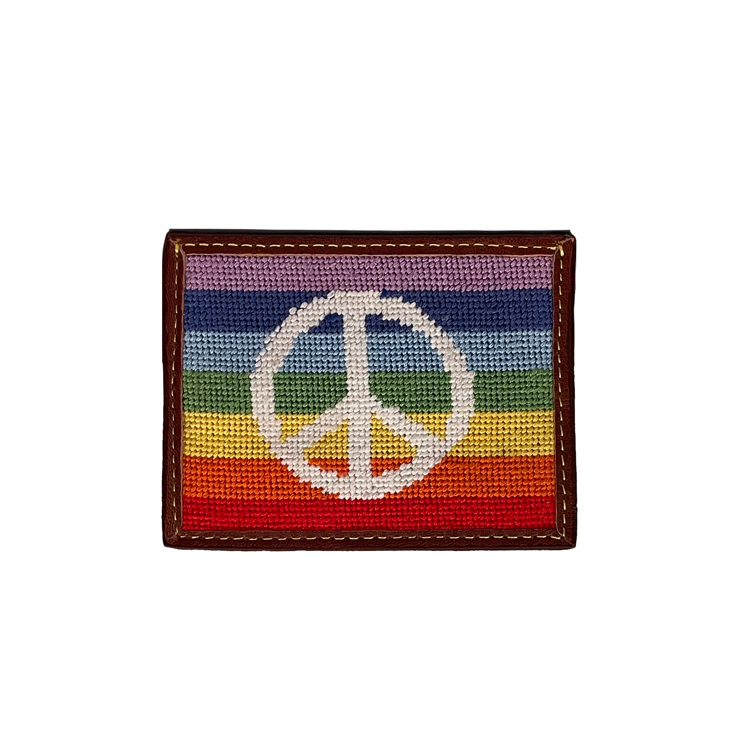 genuine leather card wallet with 3 card slots and interior pocket rainbow colors peace symbol