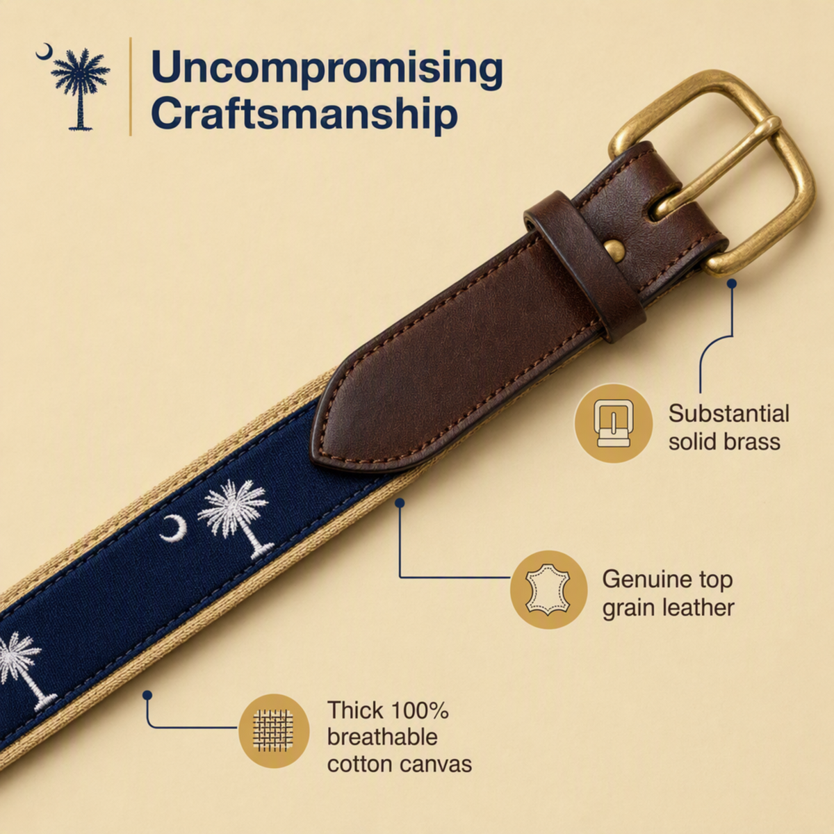 A navy blue canvas belt with white palmetto tree and crescent moon motifs, the south carolina flag, brown leather trim, and a brass buckle, shown on a beige background with callout text and icons describing material features.