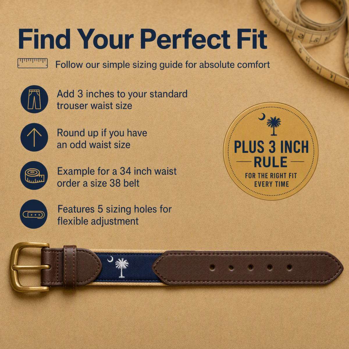 A brown leather belt strap with a navy blue center stripe and white palm tree logo, displayed on a tan background with sizing guide text and a measuring tape prop.
