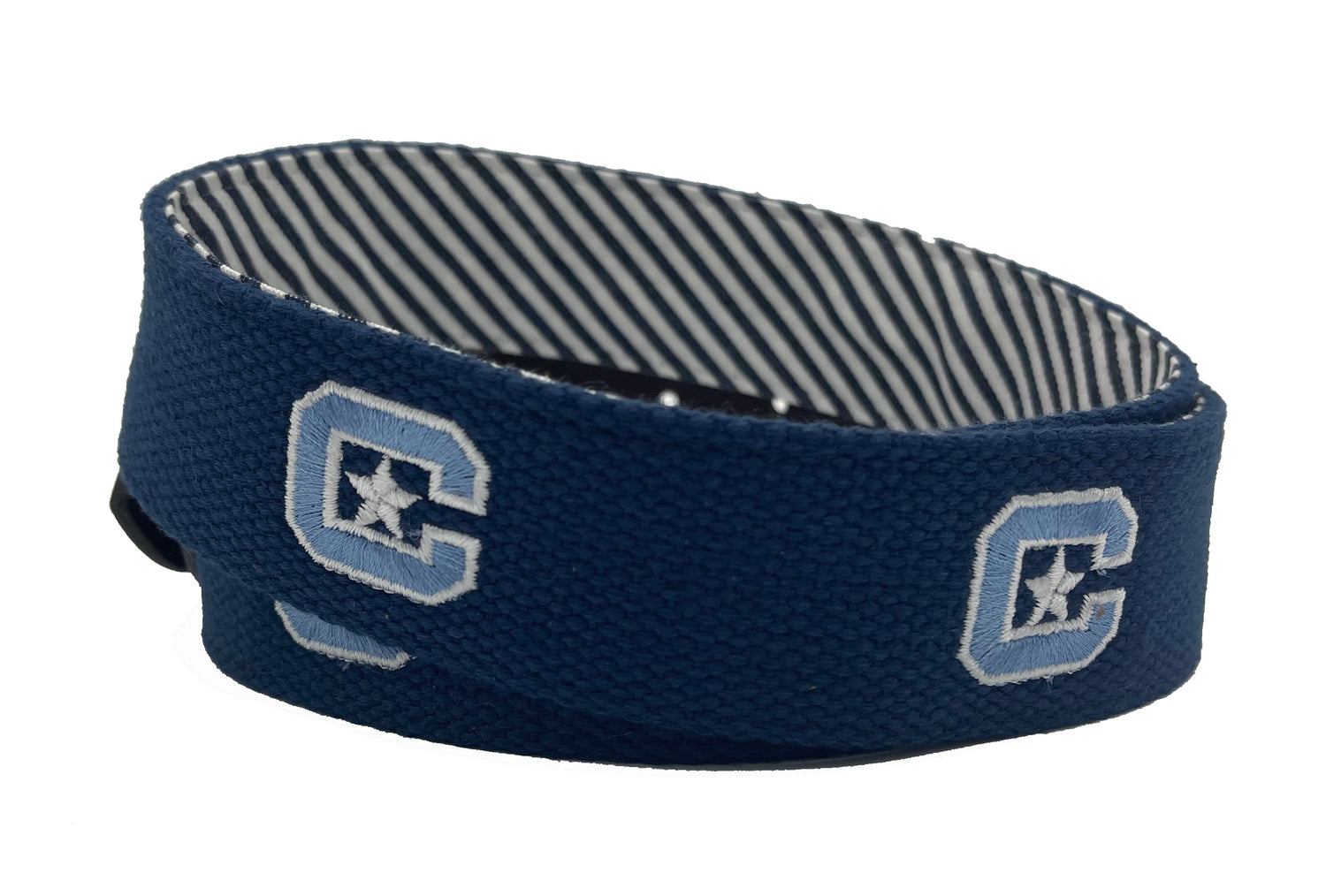 Navy blue canvas belt with embroidered 'Citadel' and star logos in white and light blue colors