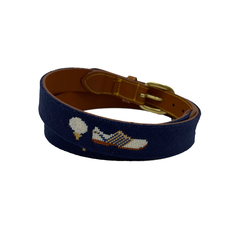 Grateful for Golf Leather Hand-stitched Needlepoint Belt Navy Blue