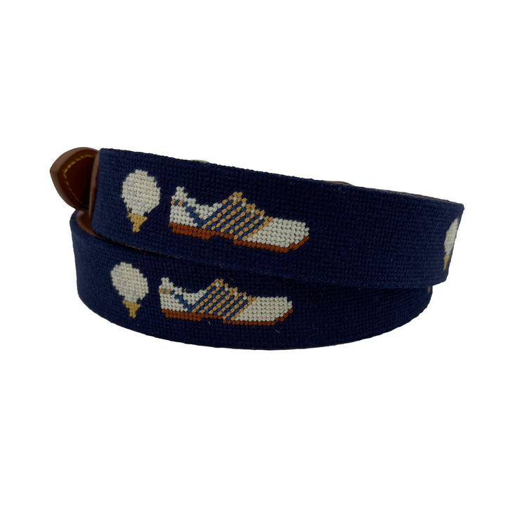 Grateful for Golf Leather Hand-stitched Needlepoint Belt Navy Blue