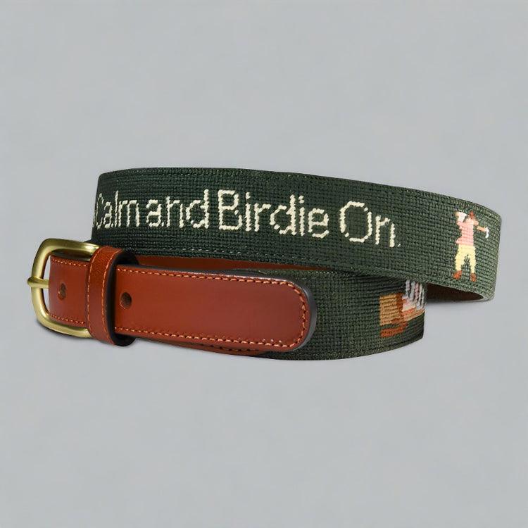 golf belt keep calm and birdie on needlepoint italian leather brass buckle vintage golfers and golf clubs