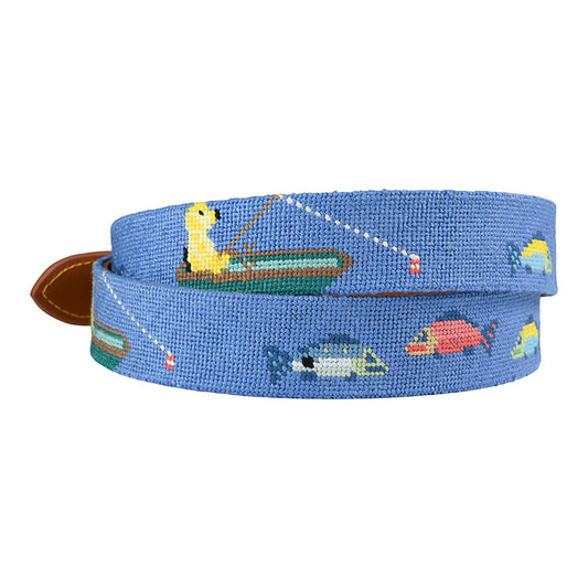 hand-stitched needle-point belts Dog Fishing Ocean Blue and Tan - charlestonbelt.com