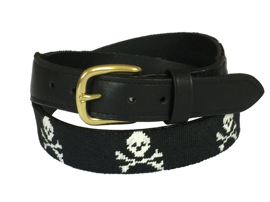 jolly roger - skull and crossbones hand-stitched needle-point belt - charlestonbelt.com