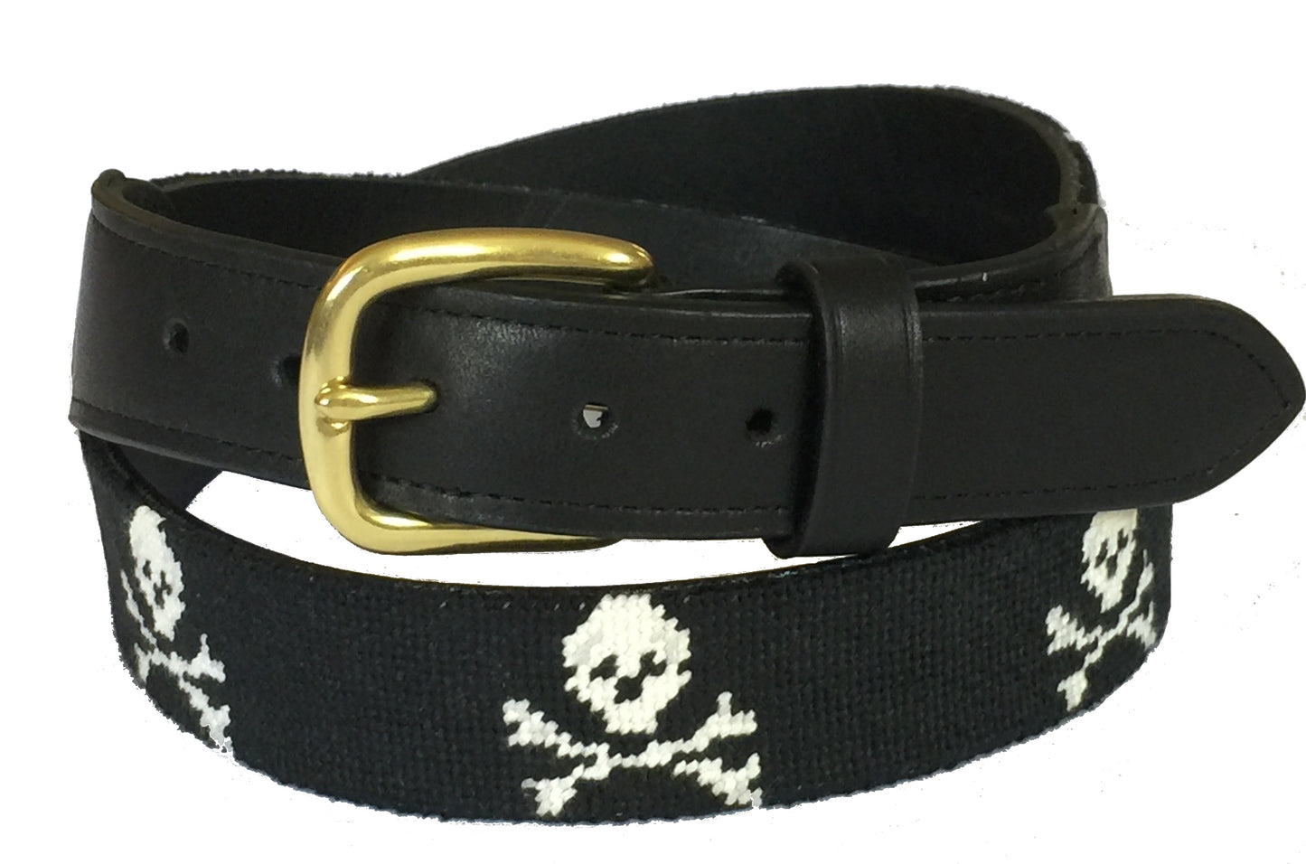 jolly roger - skull and crossbones hand-stitched needle-point belt - charlestonbelt.com